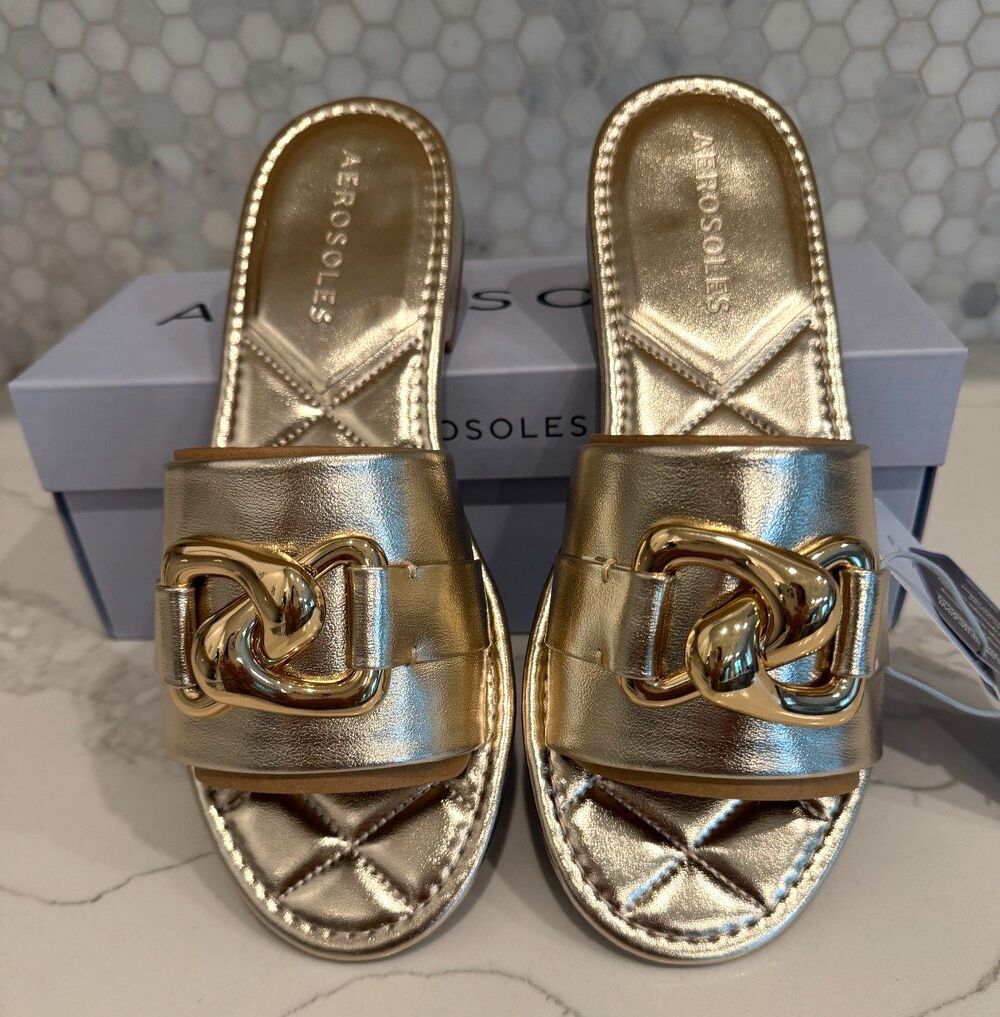 Aerosole Big Charm Women's Gold Comfort Slip-on Sandal Brand New Size 10